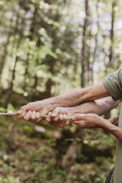 Two people pulling together on a rope with a backdrop of a forest<br />

